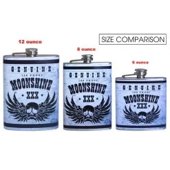 Top 10 ❤️ Bars Stainless Steel Hip Flask - Moonshine Design - Several Size Options ✔️ -BARS Sales Store flasks printed size comparison moonshine 800x
