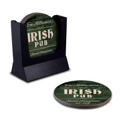 Cheap ✔️ Bars Customizable Wooden Coasters - Irish Theme - Round - Set Of 4 👍 -BARS Sales Store wood coasters custom main shot irish bar customize with caddy 800x